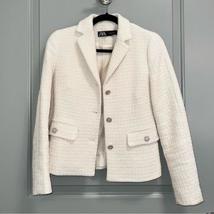 Zara white tweed jacket with jewel buttons, size XS